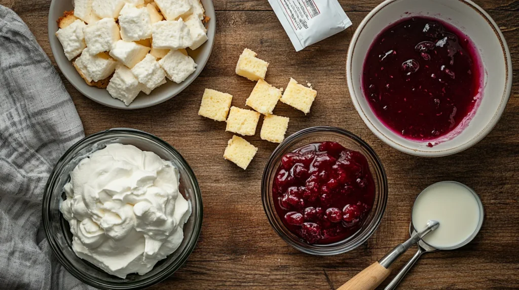 Ingredients for Heaven on Earth Cake including angel food cake, cherry pie filling, pudding, sour cream, and whipped topping.