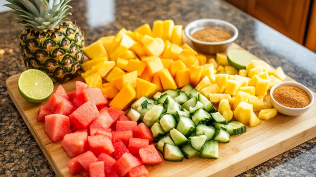 Fresh fruits and Tajín seasoning ready for Mexican fruit salad