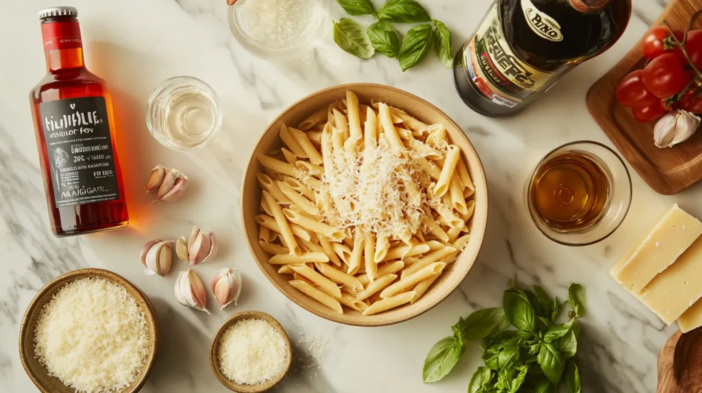 Fresh ingredients for Ricitta Vodka Penne recipe on a countertop