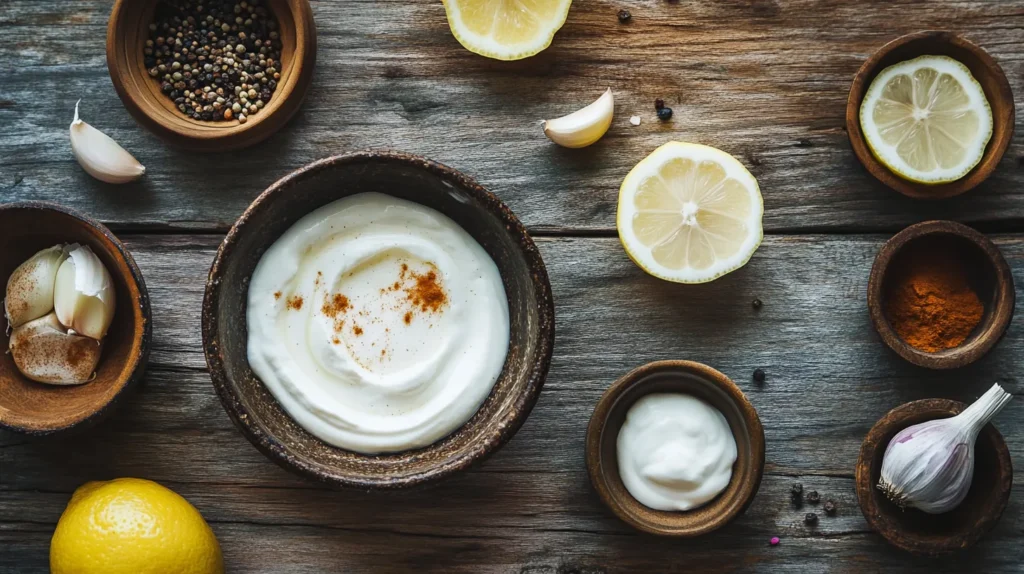 Ingredients for tahini yogurt sauce on a wooden surface