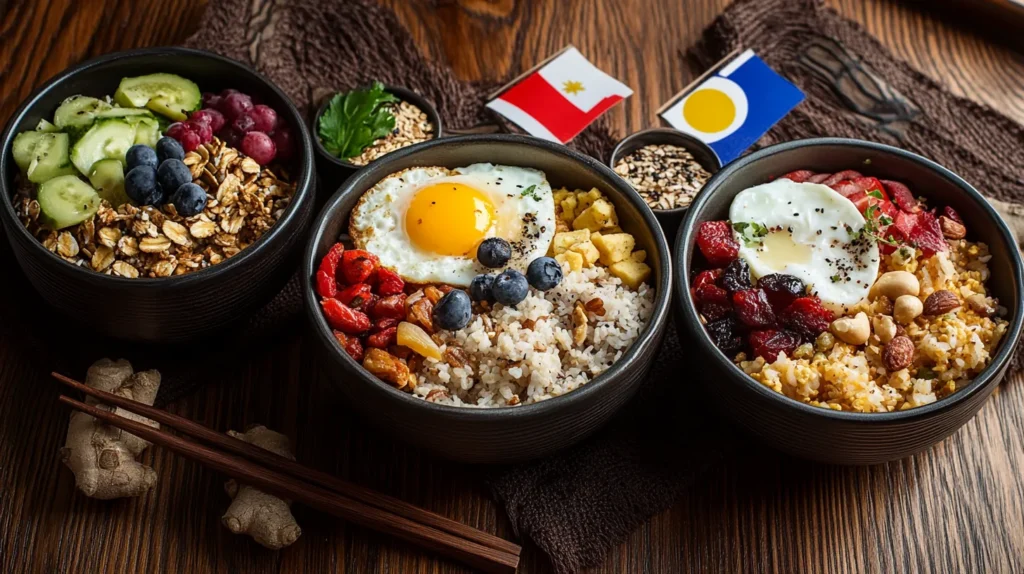 International breakfast bowl varieties showcasing global flavors