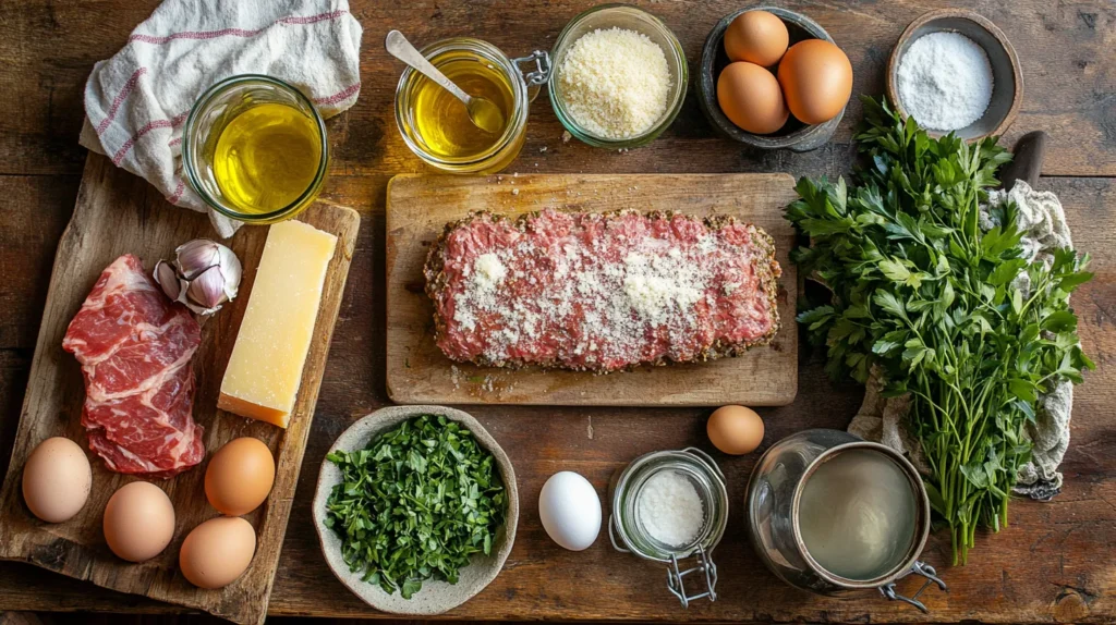 Italian meatloaf ingredients including meat, cheese, breadcrumbs, and herbs.