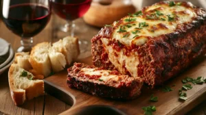 Authentic Italian meatloaf recipe served with marinara sauce and herbs.