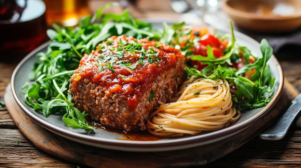 Italian meatloaf served with pasta and salad.