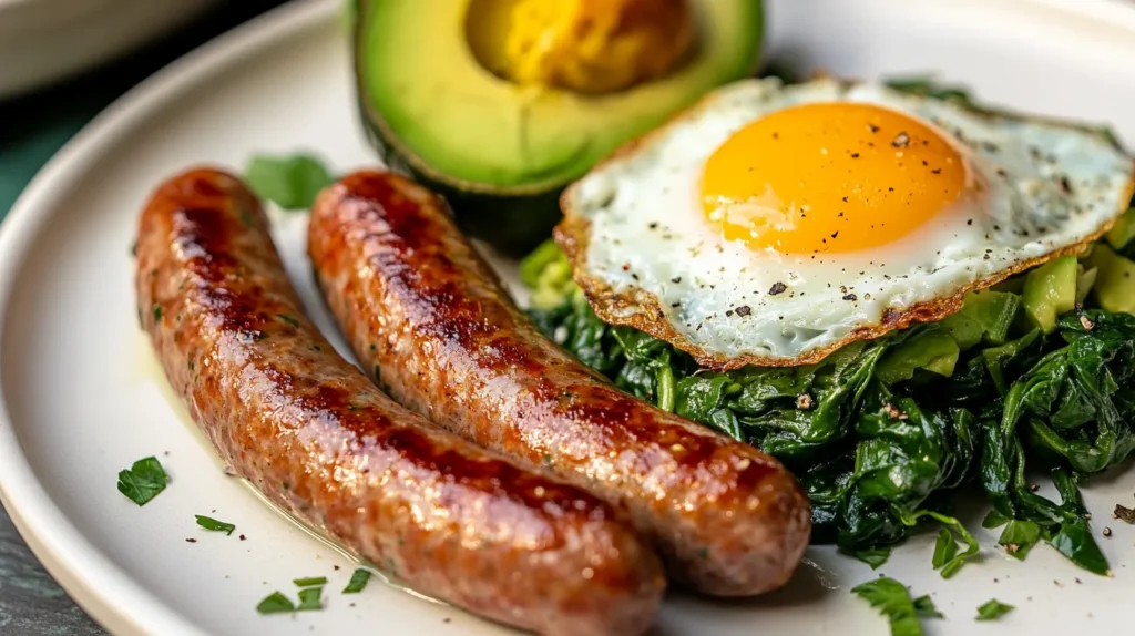 A keto-friendly breakfast plate with sausage, eggs, and avocado.