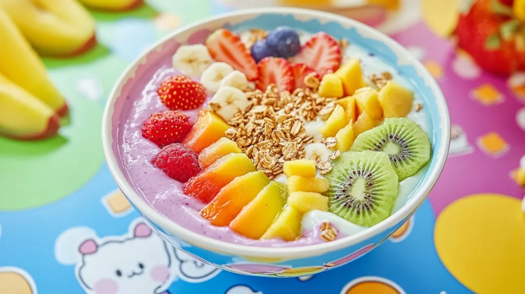 A fun and colorful breakfast bowl for kids with playful fruit toppings