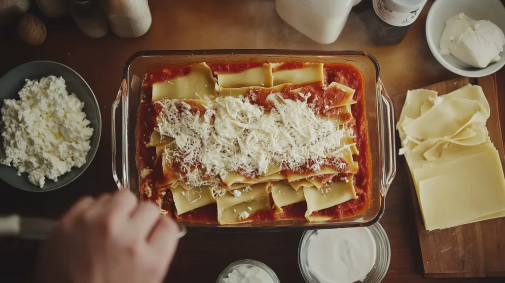 Layered Barilla lasagna before baking, showing pasta, sauce, and cheese