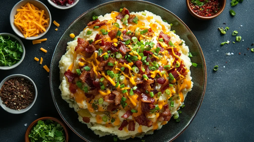 Loaded mashed potatoes with cheese, bacon, and gravy.