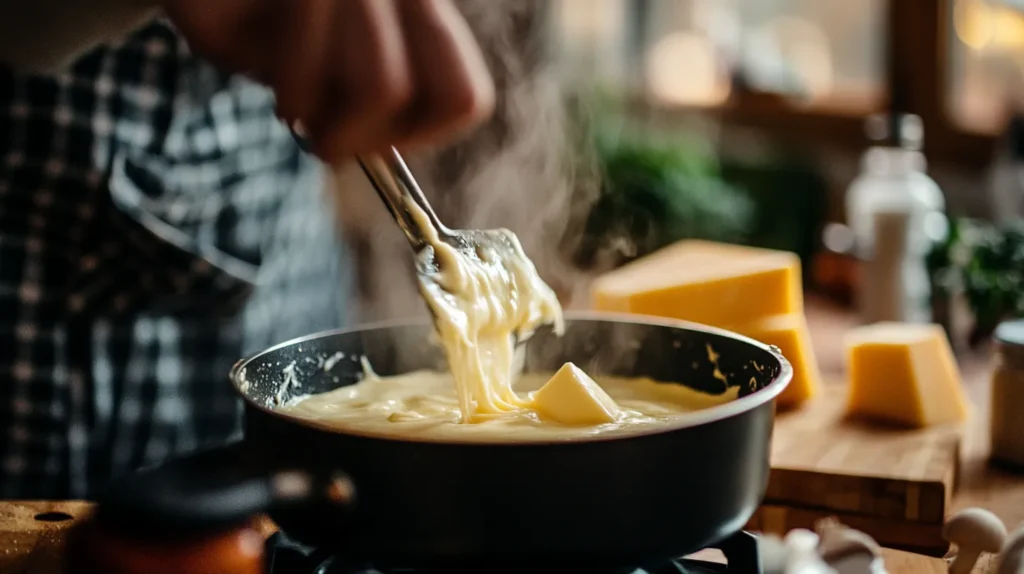 Step-by-step process of making pretzel dip in a saucepan.