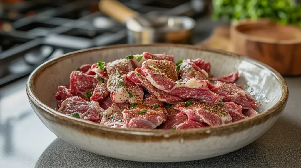 Marinated beef slices in a bowl with shawarma spices.