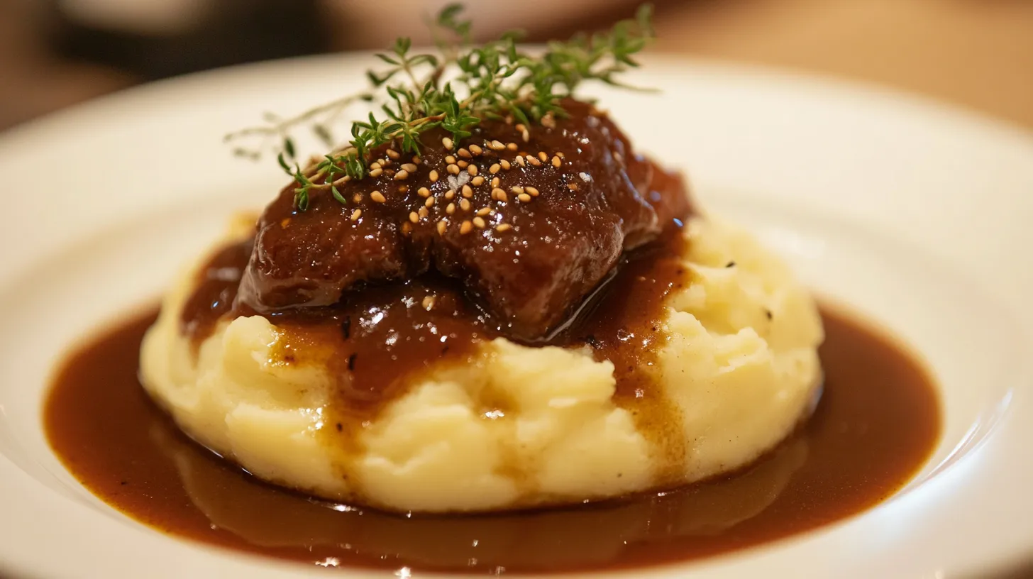 Plate of mashed potatoes topped with gravy on a rustic table.