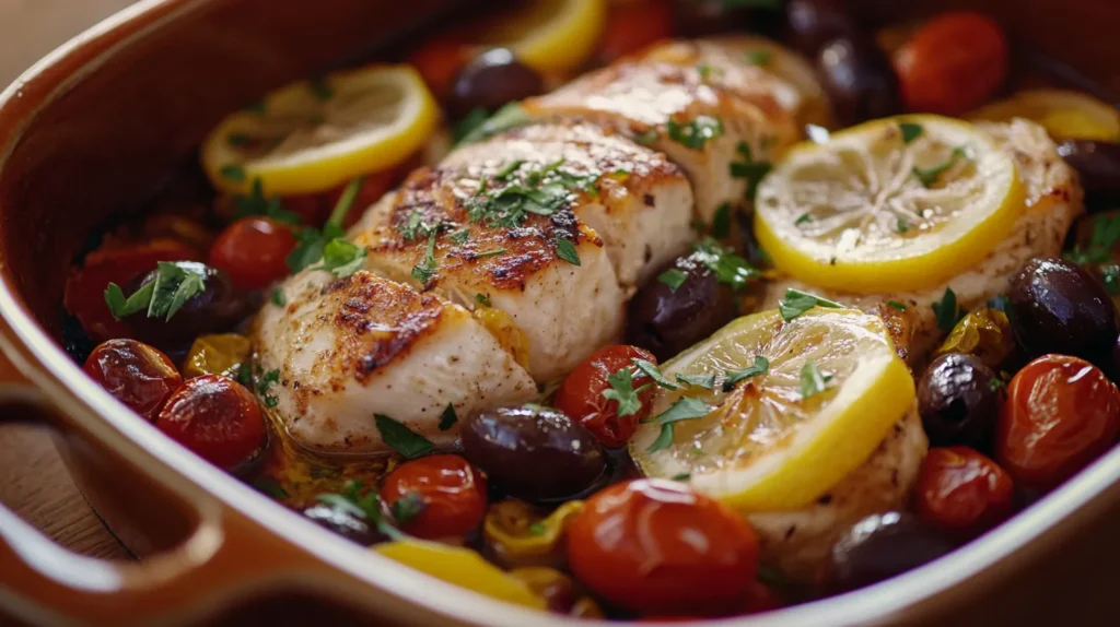 Mediterranean rockfish baked with cherry tomatoes, olives, and fresh herbs.