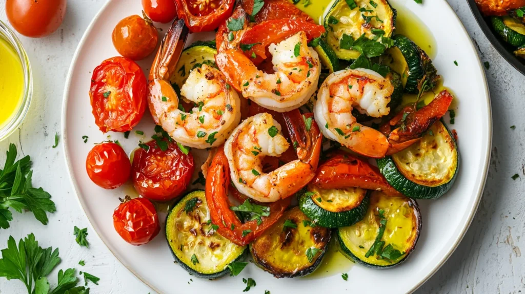 Mediterranean-style shrimp with roasted vegetables, garlic, and olive oil served on a white plate.