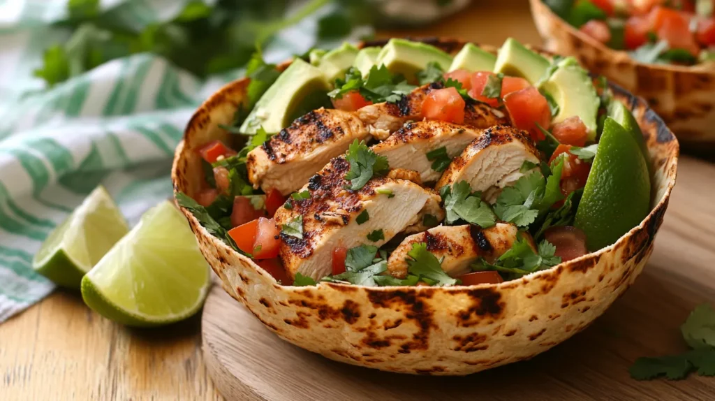 Mexican chicken salad served in a tortilla bowl