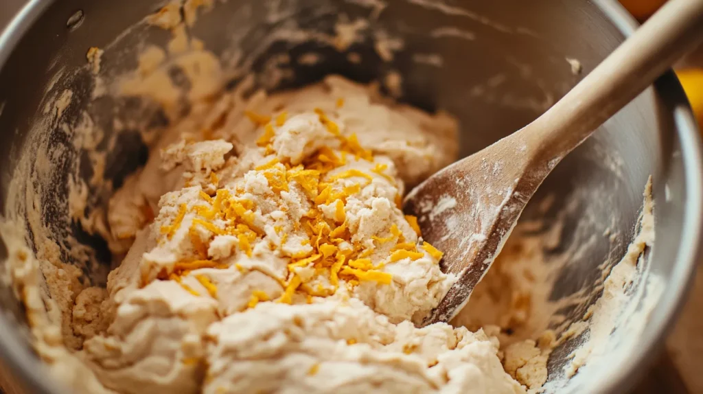 Mixing dough for orange fish cookies in a large bowl