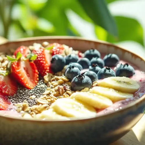 A vibrant breakfast bowl with strawberries, blueberries, banana slices, and seeds on a wooden table with sunlight and greenery in the background.