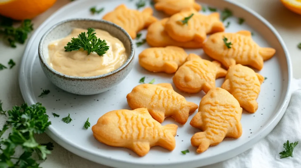 Plated orange fish cookies with a side of dipping sauce