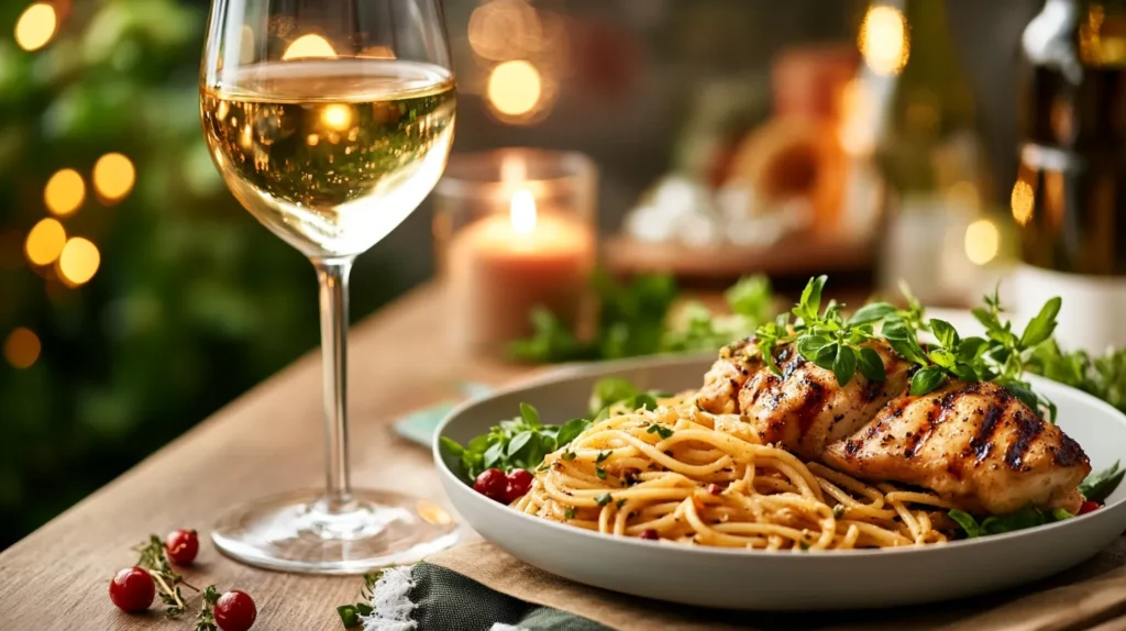 A beautifully plated pasta side dish with grilled chicken and a glass of wine.