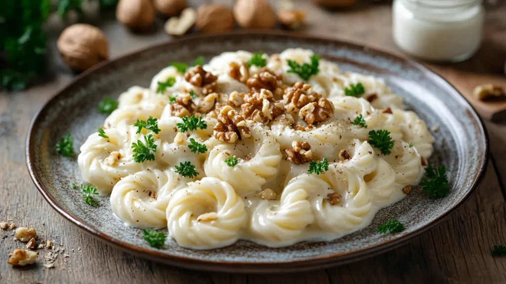  Pasta served with a creamy walnut sauce, garnished with crushed walnuts and fresh parsley.