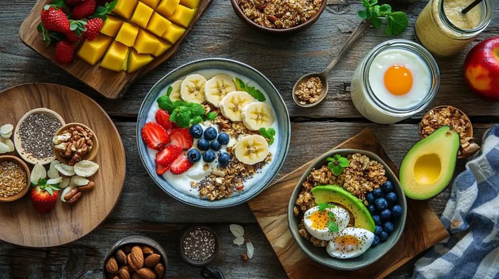 A beautifully arranged breakfast spread featuring yogurt, smoothie, and grain-based bowls with fresh fruits, nuts, seeds, and protein options, set in a warm, naturally lit home kitchen.