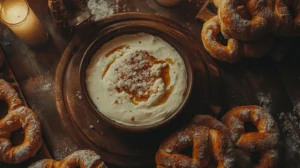 Bowl of creamy cheese pretzel dip surrounded by soft pretzels.