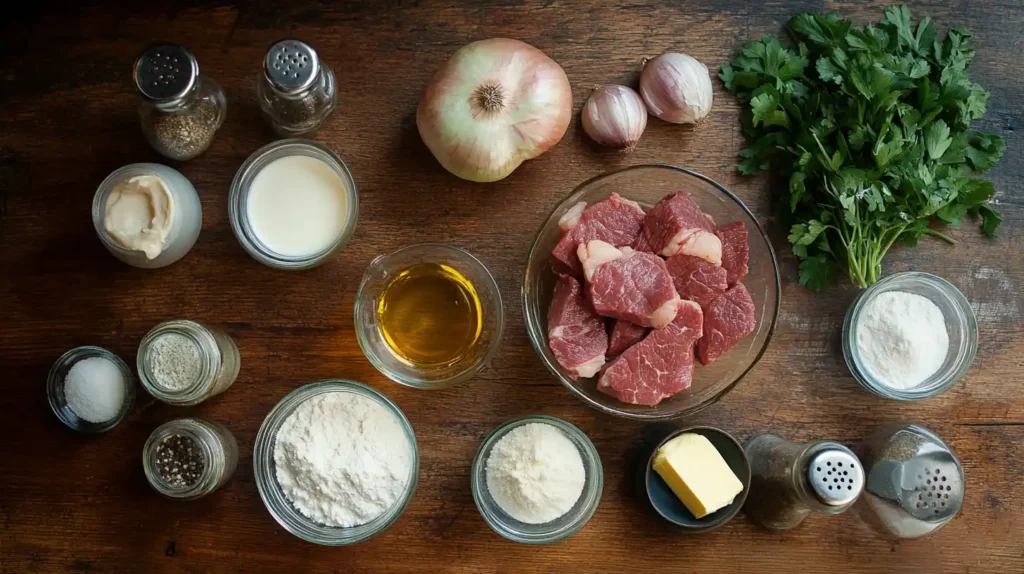 Top-down view of fresh steak ingredients, including raw steak, sliced onions, minced garlic, beef broth, heavy cream, olive oil, butter, flour, paprika, salt, pepper, and fresh parsley on a rustic wooden kitchen countertop.