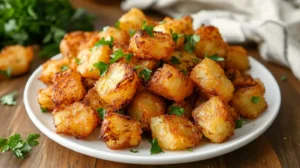 Crispy air fryer hash browns served on a white plate with garnish.