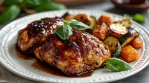 A beautifully plated balsamic chicken with a glossy glaze and fresh herbs.