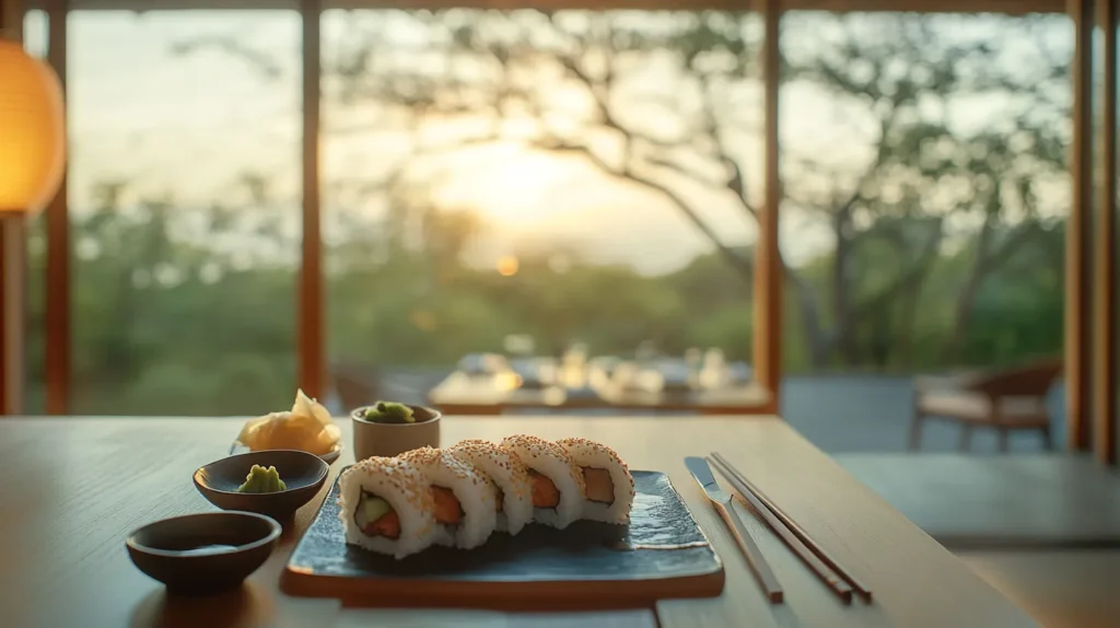 A plate of sliced Boston Roll sushi garnished with sesame seeds and dipping sauces.