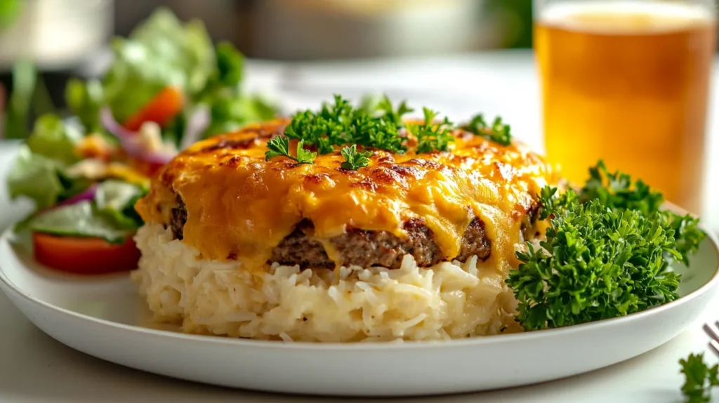 A plated cheesy hamburger and rice dish garnished with herbs