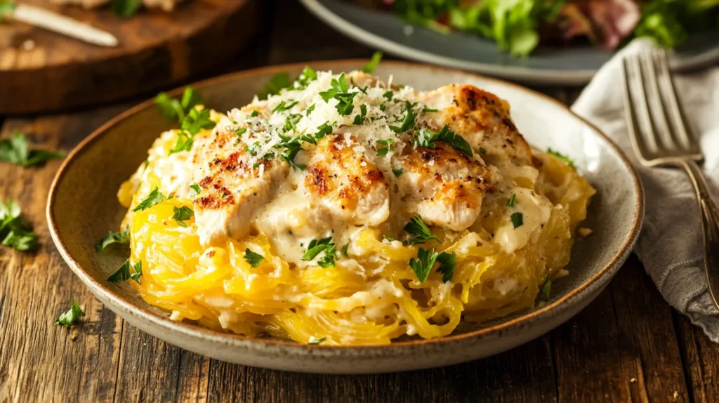 Plated chicken Alfredo spaghetti squash garnished with parsley and Parmesan cheese.