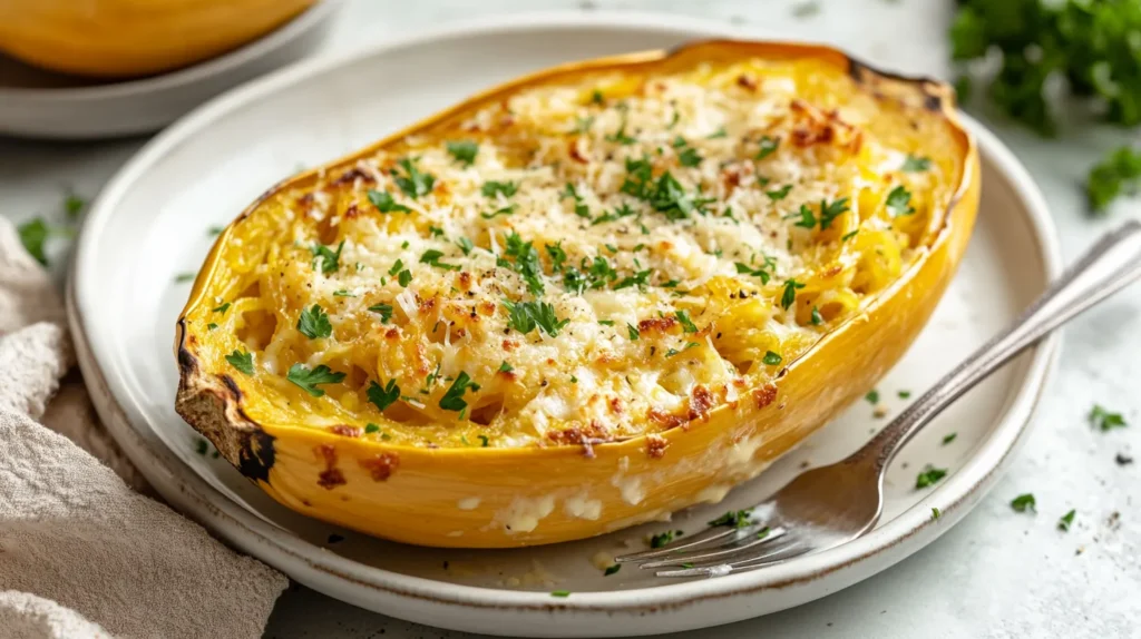 Plated spaghetti squash Alfredo garnished with Parmesan and parsley.