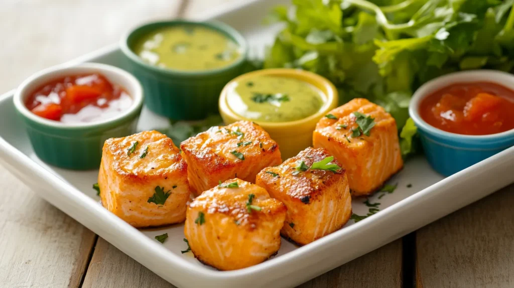 Salmon recipe bites served on a platter with dipping sauces and a side salad.