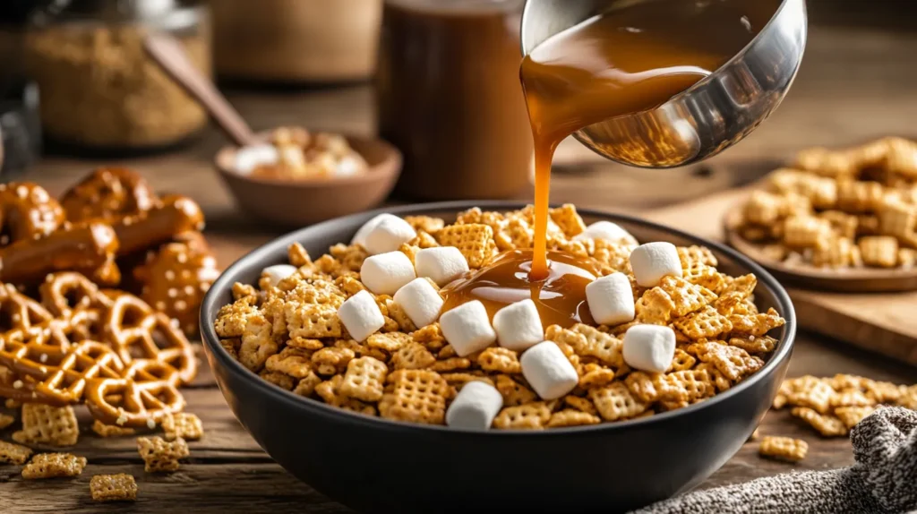 Sweet glaze being poured over a mix of Chex cereal and pretzels