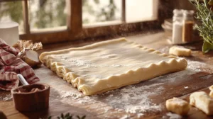 A perfectly cut pastry dough sheet with a beef wellington dough cutter beside it.