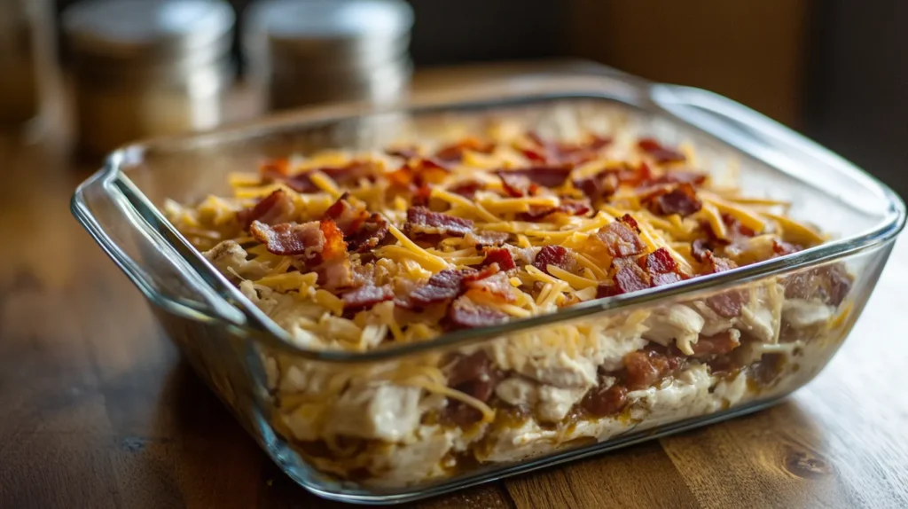 Assembled Alice Springs Chicken with honey mustard, bacon, and cheese in a baking dish.