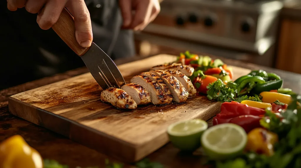 Grilled chicken being sliced for a salad