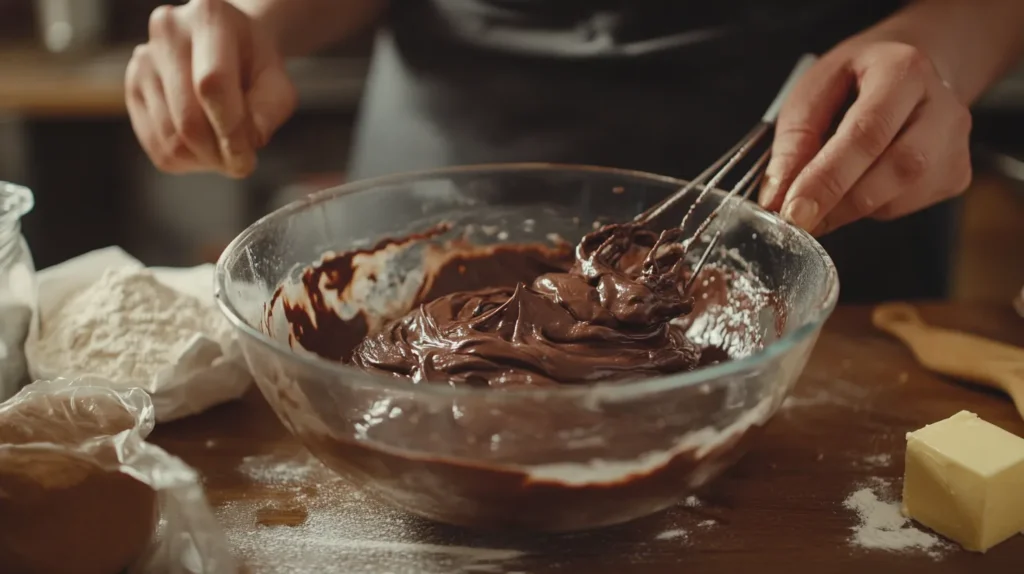 Mixing chocolate pound cake batter in a bowl