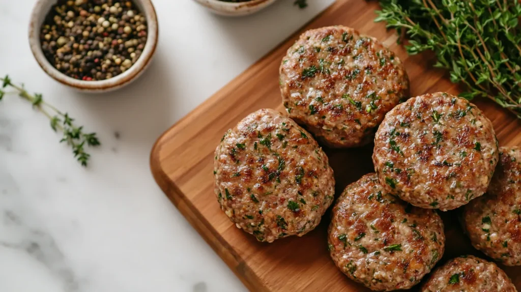 Ground beef mixed with spices and shaped into patties on a cutting board.