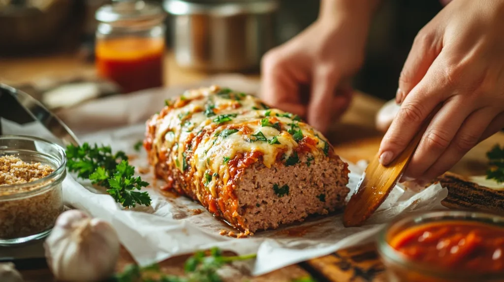 Rolling an Italian meatloaf stuffed with cheese and herbs.