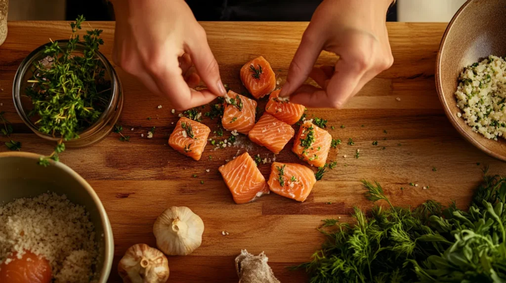  Hands preparing salmon bites, mixing ingredients in a bowl and shaping them into small portions.