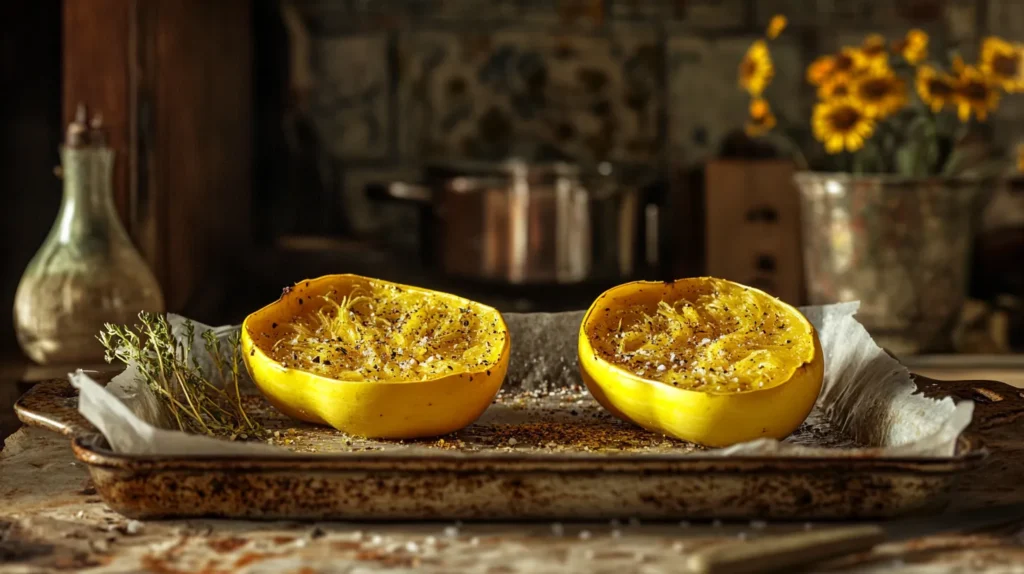 Halved spaghetti squash prepared for roasting with olive oil and seasonings.