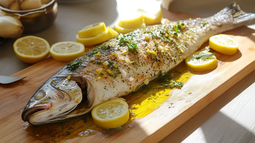 Preparing fresh branzino with olive oil, lemon, and herbs for grilling.