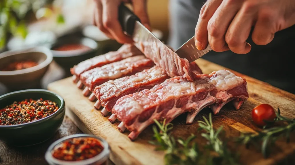 Removing the membrane from beef back ribs before cooking.