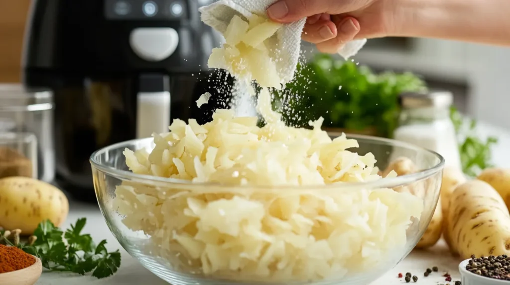 Preparing shredded potatoes for air fryer hash browns.