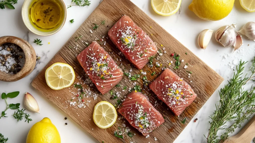 Prepping rockfish fillets with seasoning and lemon.