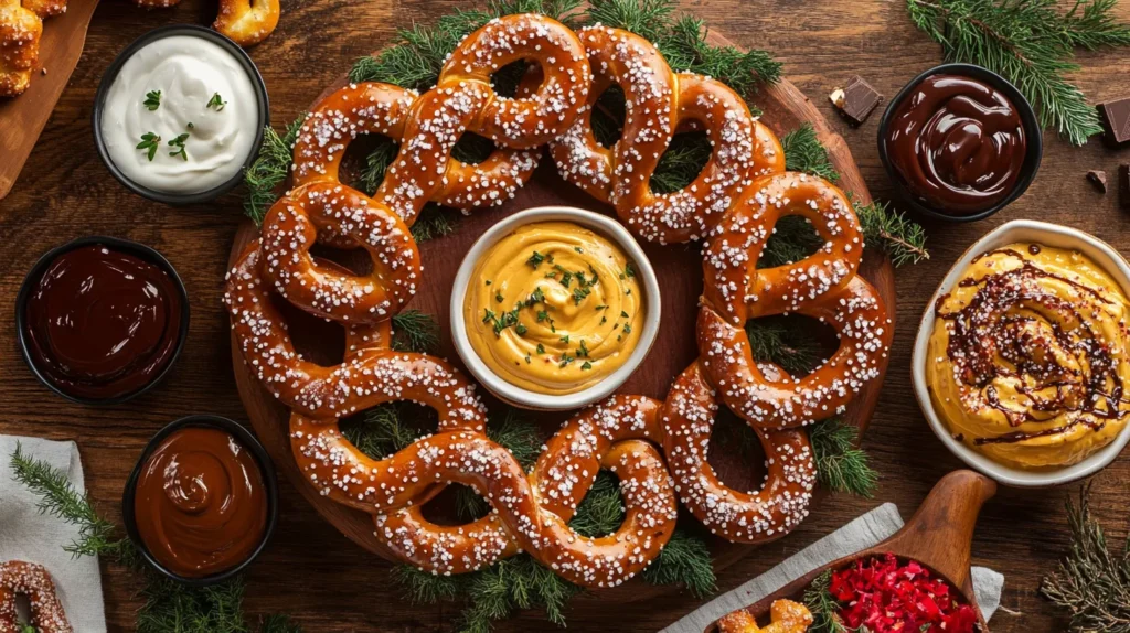 A party platter with pretzels and different dipping sauces.