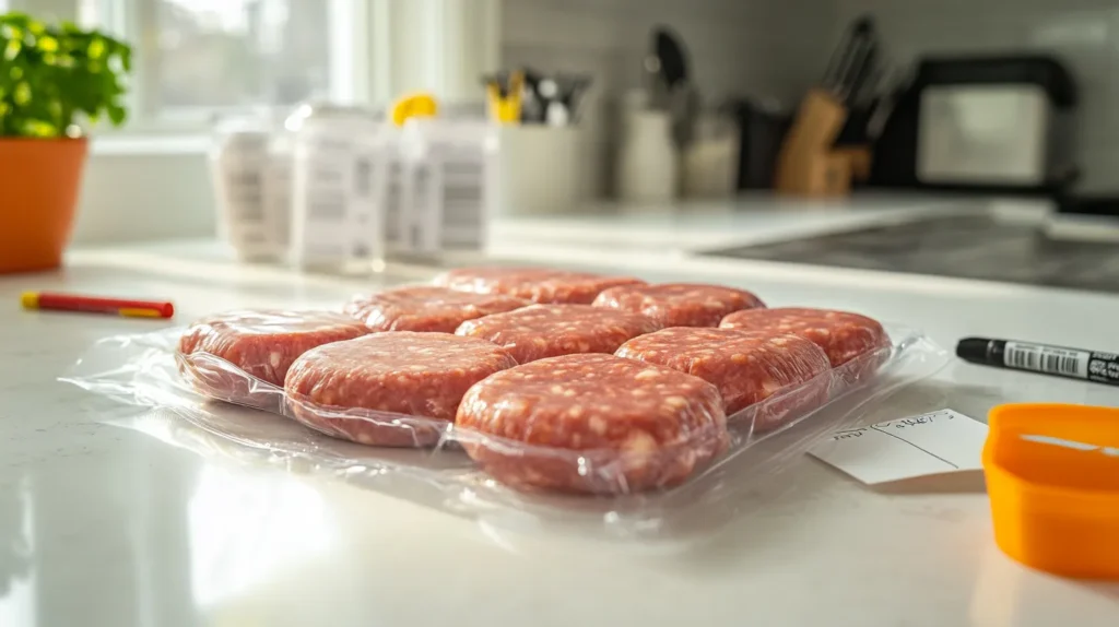 Vacuum-sealed beef breakfast sausages ready for freezing.