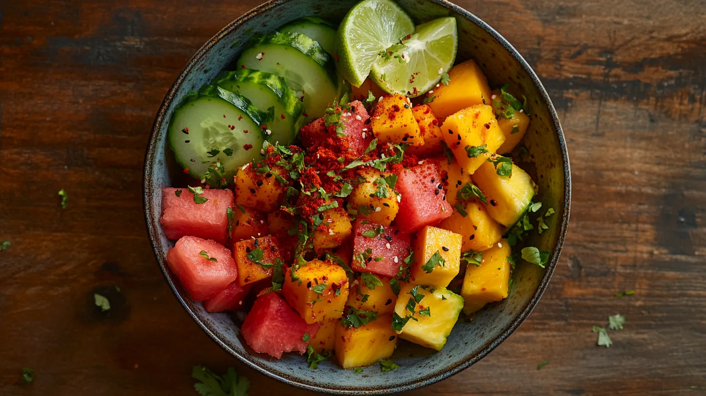 Vibrant bowl of Mexican fruit salad with lime and chili powder