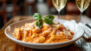 A steaming plate of Ricitta Vodka Penne with creamy tomato sauce and fresh basil